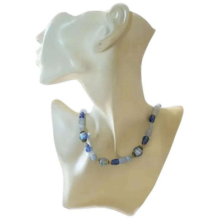 1950s Vintage Single String Blue Art Glass Beads Choker Length Necklace by CORO