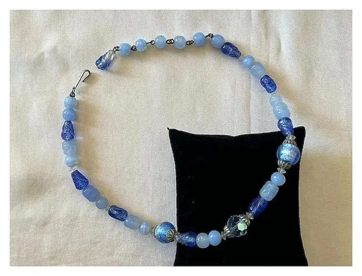 1950s Vintage Single String Blue Art Glass Beads Choker Length Necklace by CORO