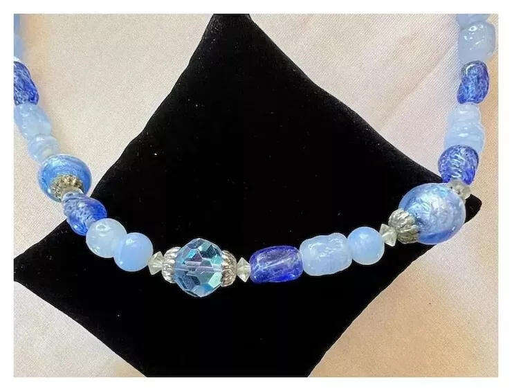 1950s Vintage Single String Blue Art Glass Beads Choker Length Necklace by CORO