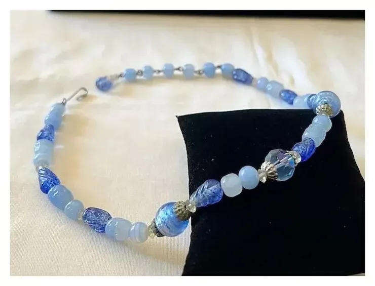 1950s Vintage Single String Blue Art Glass Beads Choker Length Necklace by CORO