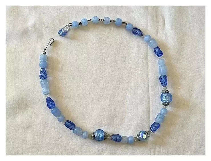 1950s Vintage Single String Blue Art Glass Beads Choker Length Necklace by CORO