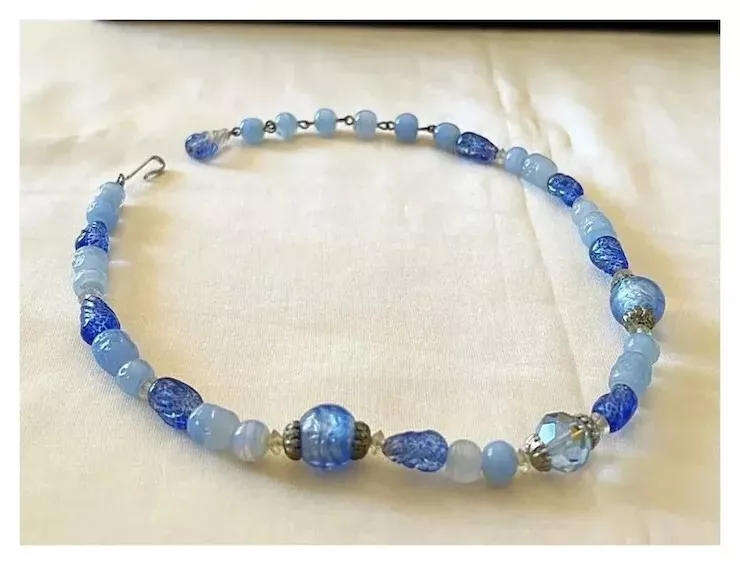 1950s Vintage Single String Blue Art Glass Beads Choker Length Necklace by CORO