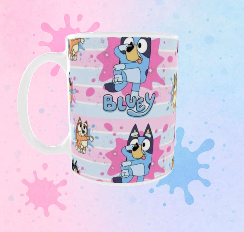 Bluey Pastel Splash Mug  Cute Pink & Blue Character Cup | 11oz Ceramic Gift for Kids
