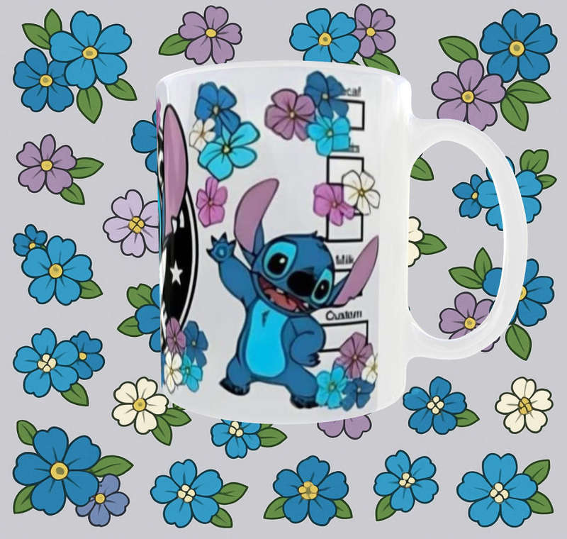 Cute Stitch Starbucks Mug  Blue Floral Cartoon Design | 11oz Ceramic Mug