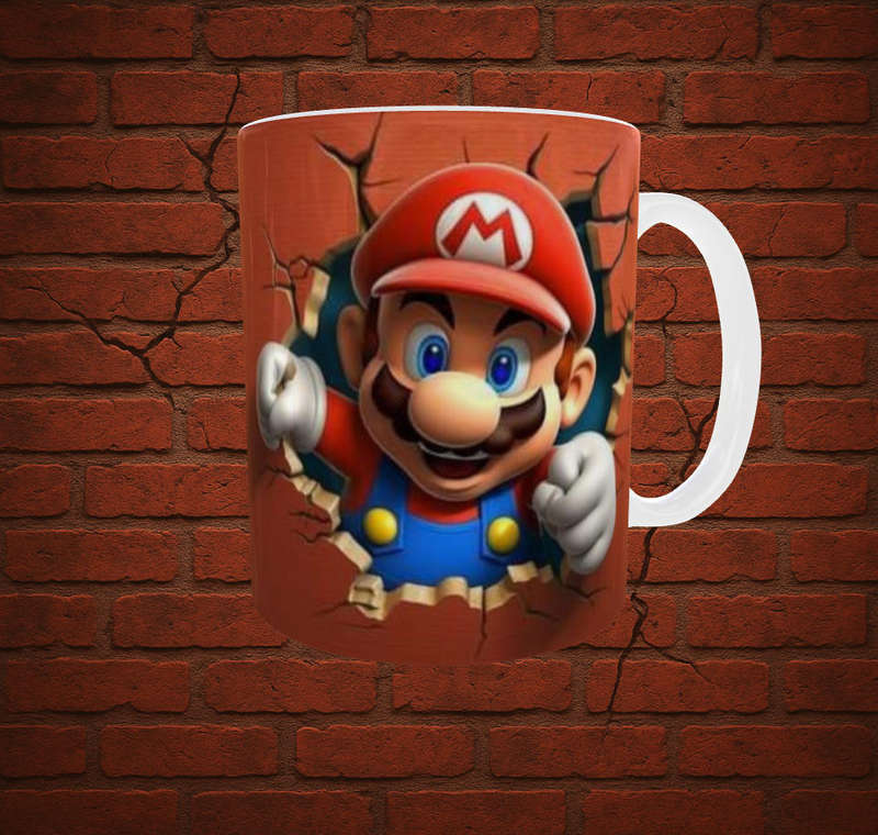 Super Mario Mug  Mario Breaking Through Brick Wall  Bold Red Gamer Mug  11oz Sublimation Gift