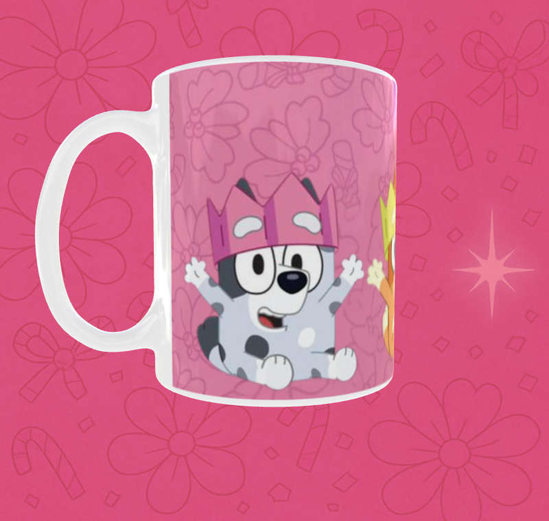 Bluey Birthday Crown Mug  Pink Party Vibes | 11oz Ceramic Kids Cup | Bluey & Friends