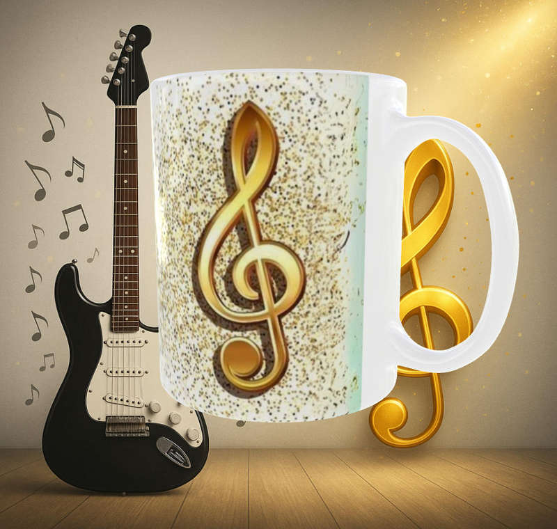 Electric Guitar Mug with Gold Music Note | 11oz Music-Themed Mug