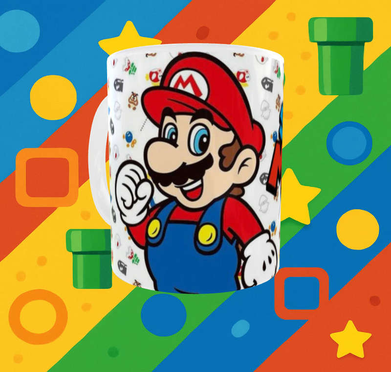 Super Mario Mug  Mario Cartoon Style | Colorful Pattern Background | Gamer Gift | Mojo Prints