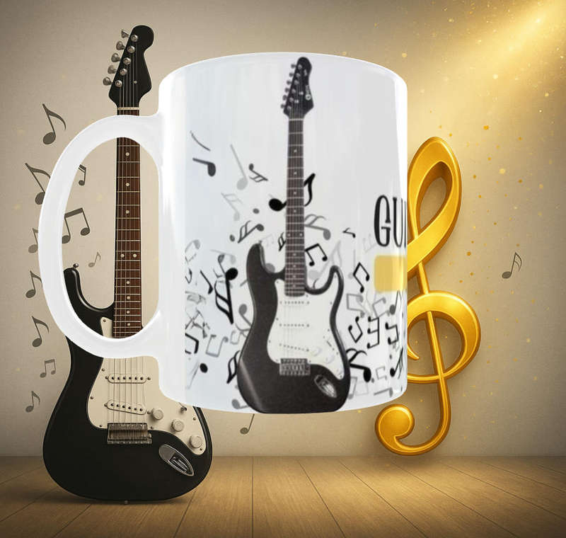 Electric Guitar Mug with Gold Music Note | 11oz Music-Themed Mug