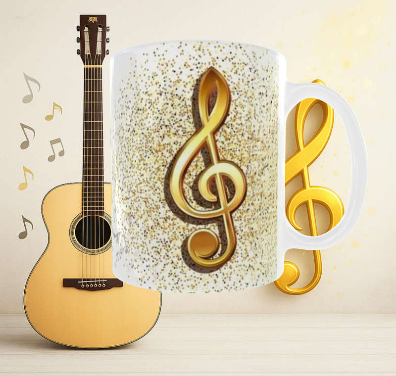 Acoustic Guitar Mug with Golden Treble Clef | 11oz Music Lover's Mug