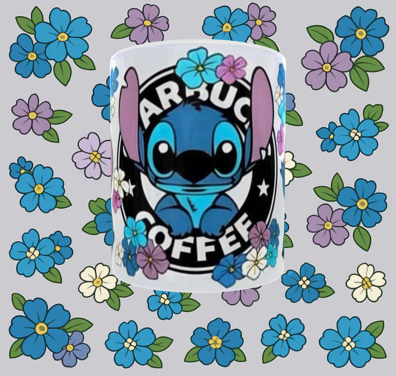 Cute Stitch Starbucks Mug  Blue Floral Cartoon Design | 11oz Ceramic Mug