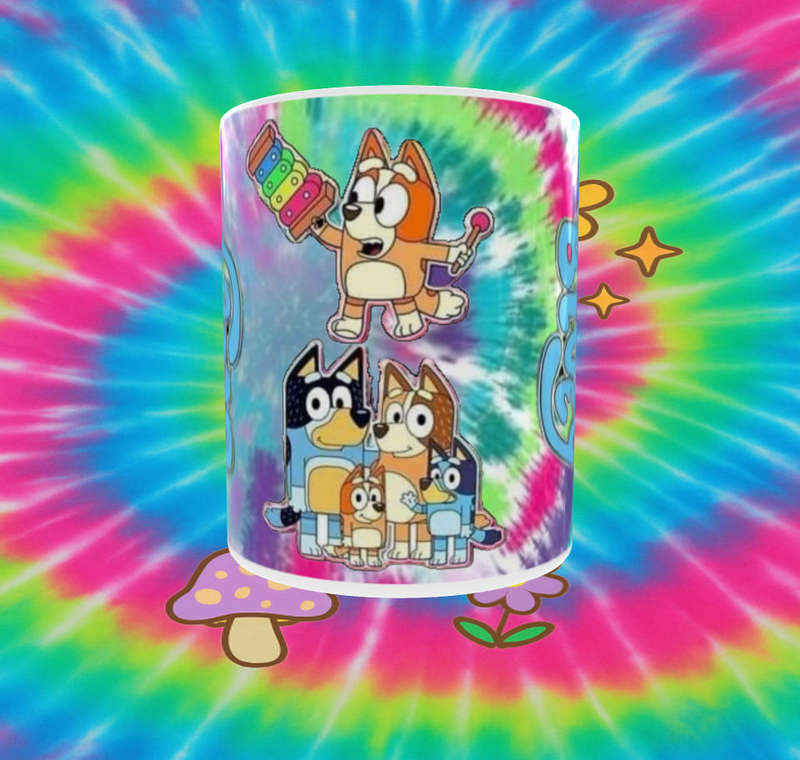 Bluey Family Tie-Dye Mug  Fun Cartoon Wrap Design | Kids Gift | 11oz Sublimation Cup