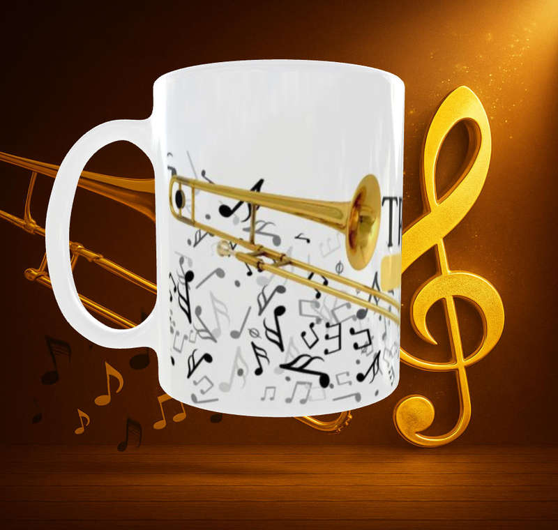 Trombone Mug with Gold Music Note | 11oz Brass Band Lover Gift