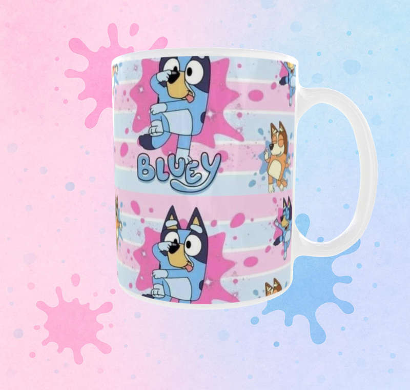 Bluey Pastel Splash Mug  Cute Pink & Blue Character Cup | 11oz Ceramic Gift for Kids