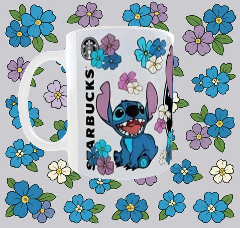 Cute Stitch Starbucks Mug  Blue Floral Cartoon Design | 11oz Ceramic Mug