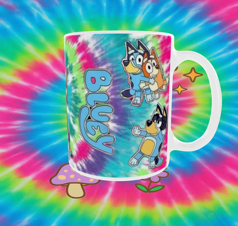 Bluey Family Tie-Dye Mug  Fun Cartoon Wrap Design | Kids Gift | 11oz Sublimation Cup