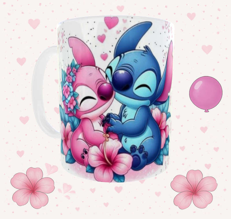 Lilo & Stitch Birthday Mug  Happy Birthday Cup  Cute Couple Cartoon Gift  Pink Floral Design