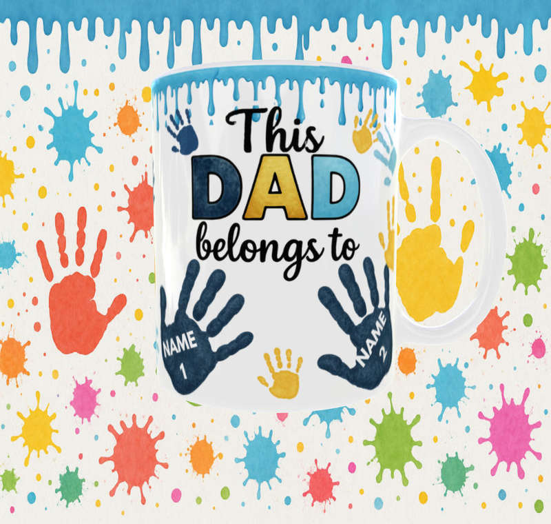 Fathers Day Mug  This Dad Belongs To  Personalized Gift with Kids Names & Handprints