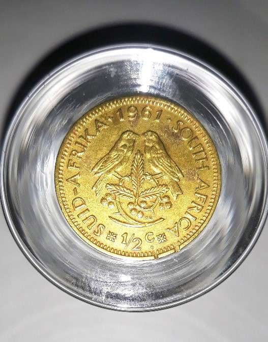 1961 South African half cent coin with very unique and scarce ERRORS parallel clip rim clipping