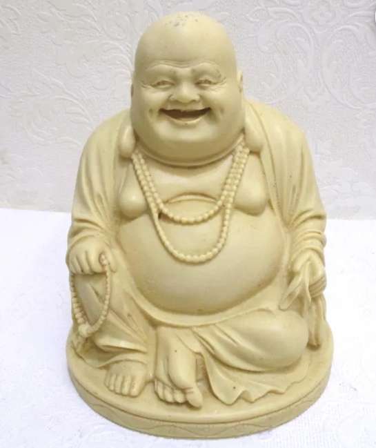 Vintage laughing bhuda figurine statue cream colored carved resin ivory /bone solid 7 inches tall