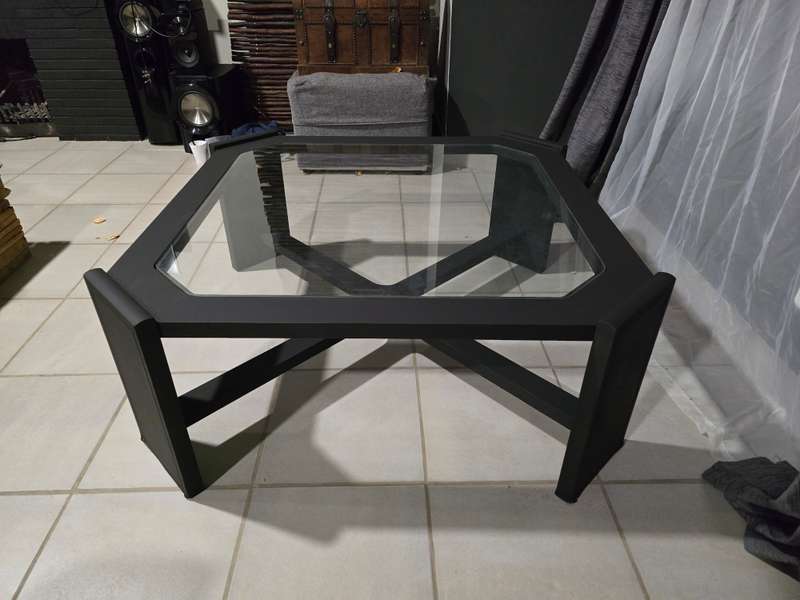 Sleek Matt Black Wooden Coffee Table with Stunning Glass Centerpiece