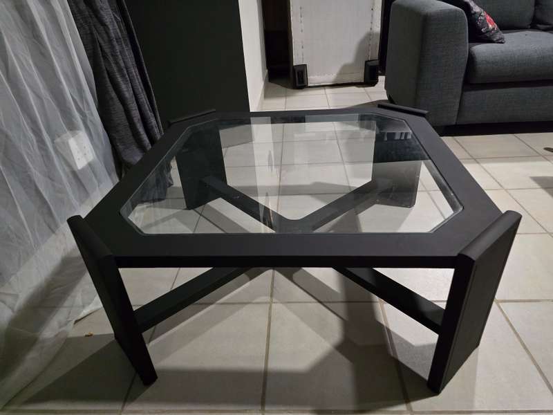 Sleek Matt Black Wooden Coffee Table with Stunning Glass Centerpiece