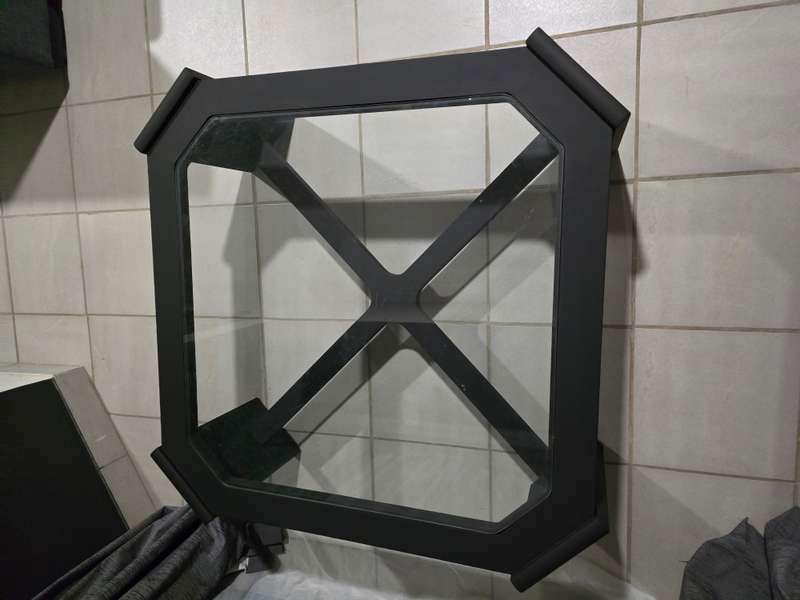 Sleek Matt Black Wooden Coffee Table with Stunning Glass Centerpiece