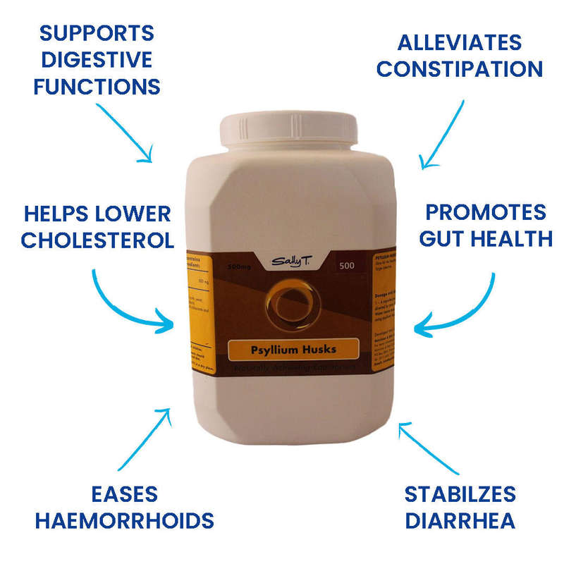 Sally T. Psyllium Husks, 500mg/capsule, 500 capsules.