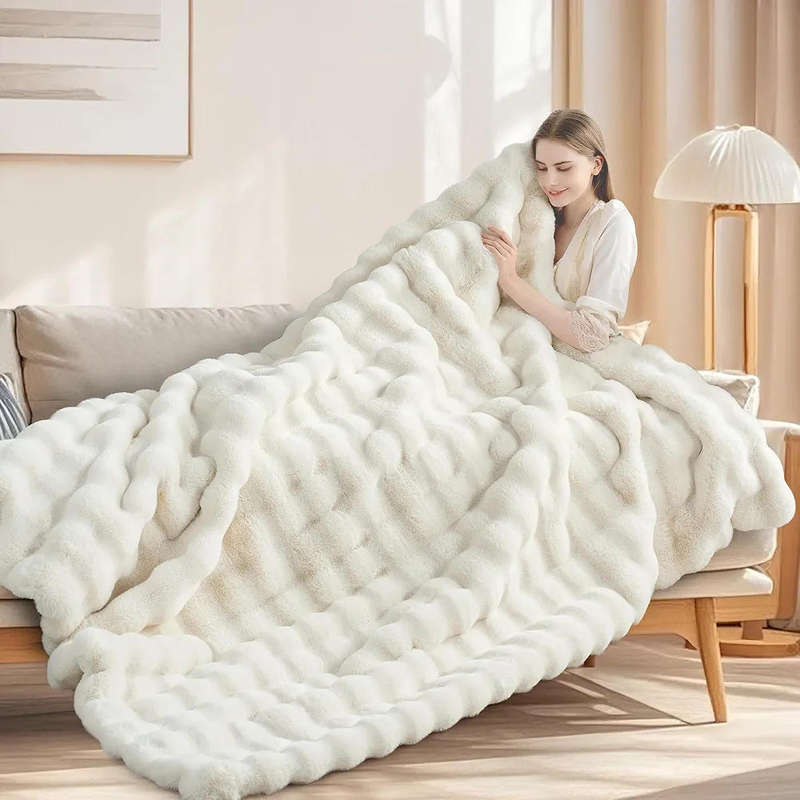 Super king Faux Rabbit Fur Ultra-Soft Tie-Dye Throw Blanket 220x230. White