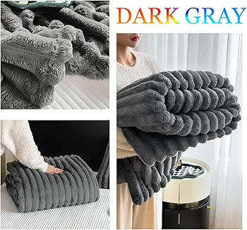 Luxurious Super King Thick Faux Rabbit Fur Plush Blanket Dark Grey