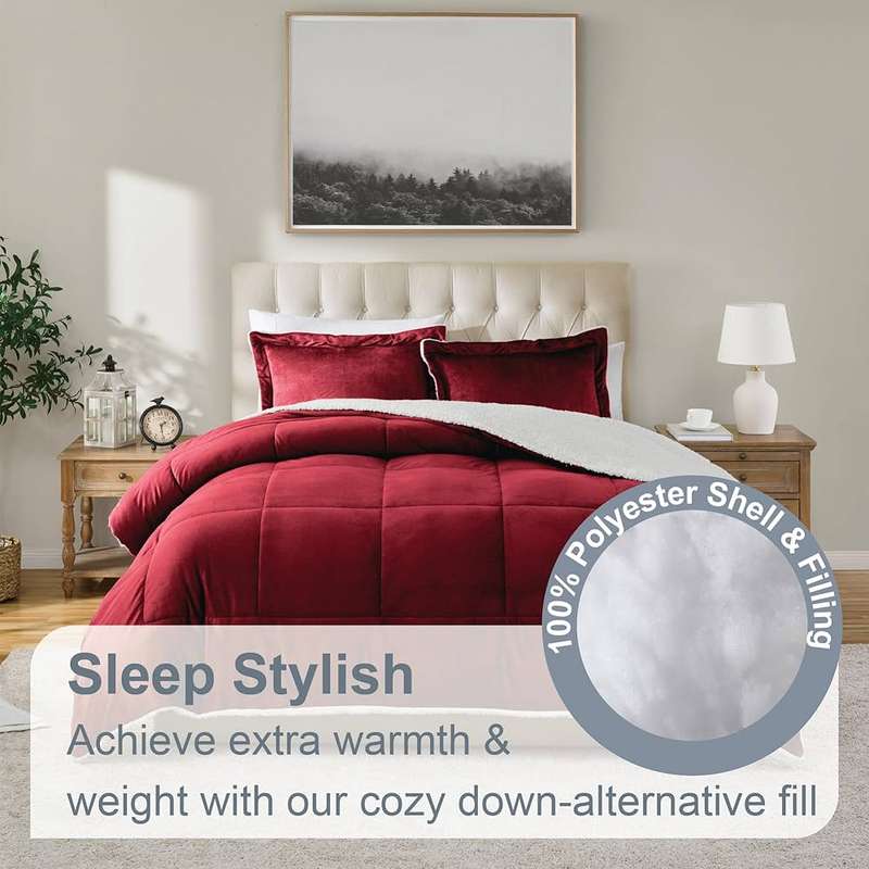 5pc Sherpa Velvet Fleece Comforter Set Maroon Queen