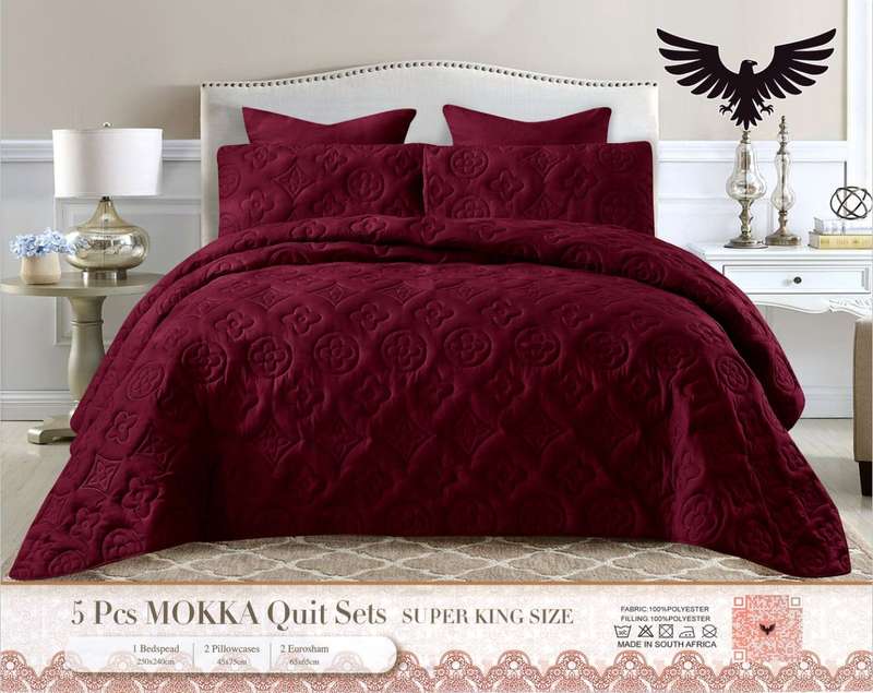 5pc King Waterproof Luxurious Embossed Cotton Quilt Set Maroon