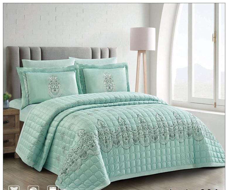 6pc Queen Premium Velvet Digital Print Embossed Bedspread Light Green