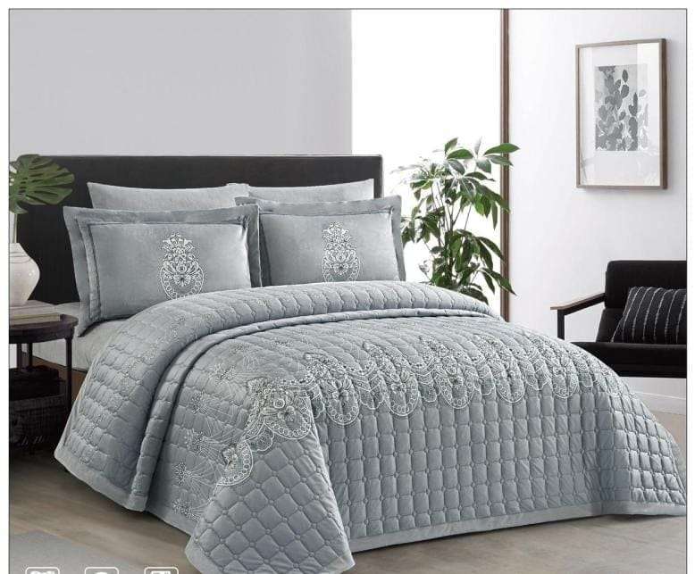 6pc Queen Premium Velvet Digital Print Embossed Bedspread Light Grey