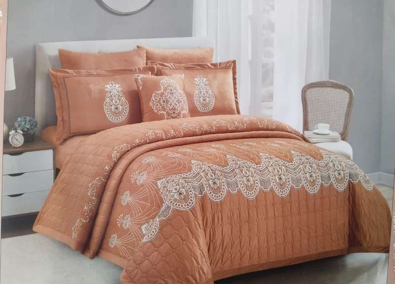 6pc Queen Premium Velvet Digital Print Embossed Bedspread Peach/Light Orange