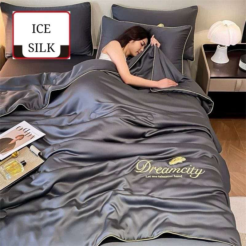 5pc Ice Silk Comforter Set Grey Double to Queen