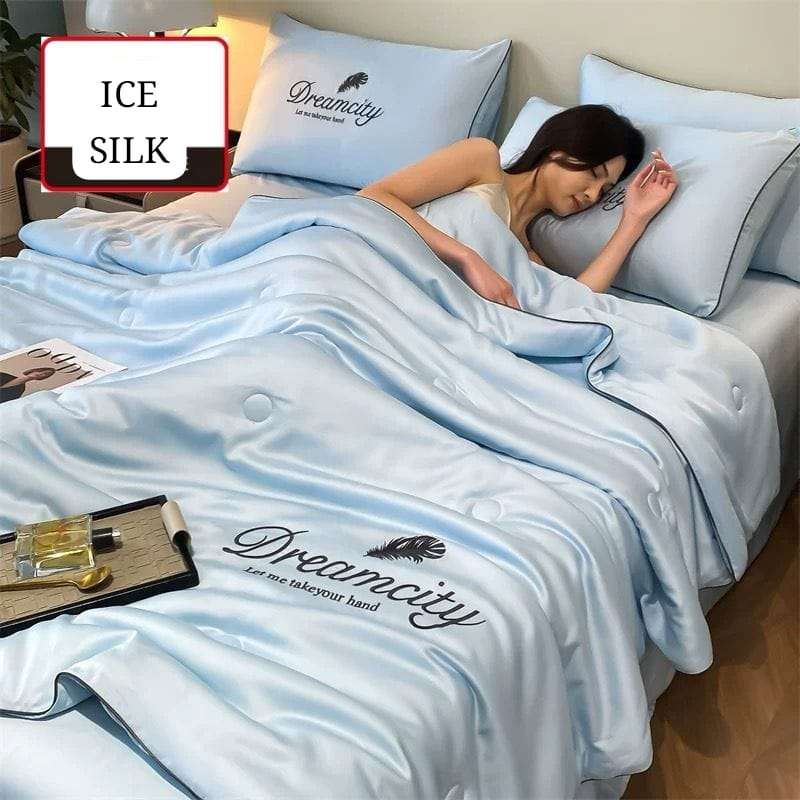 5pc Ice Silk Comforter Set Powder Blue Double to Queen