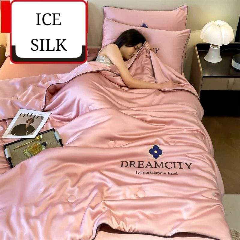 5pc Ice Silk Comforter Set Light Pink Double to Queen