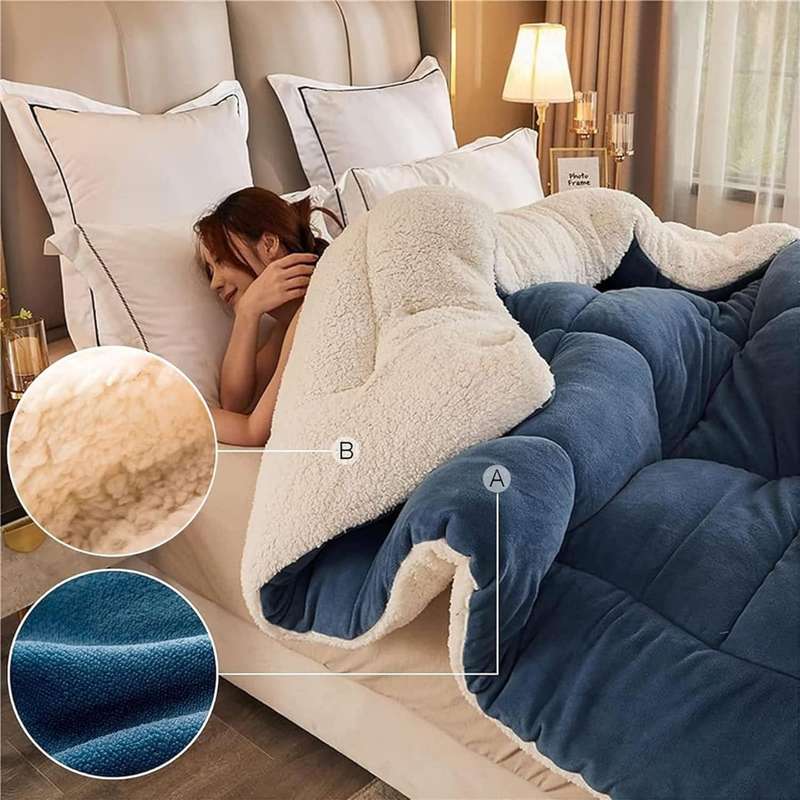 5pc Sherpa Velvet Fleece Comforter Set Dark Blue Super Queen - Can Fit A King Size