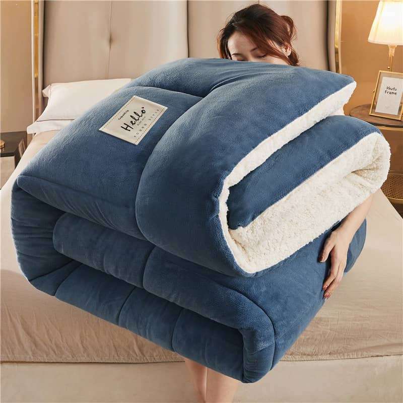 5pc Sherpa Velvet Fleece Comforter Set Dark Blue Super Queen - Can Fit A King Size