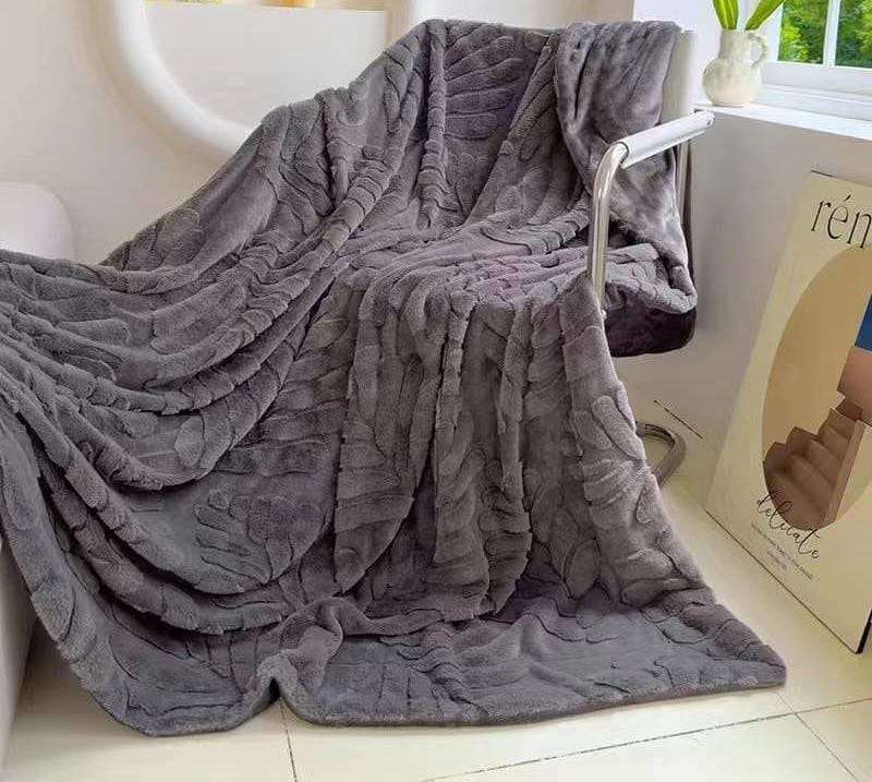King Leaf Patterned Sherpa Blanket - Dark Grey