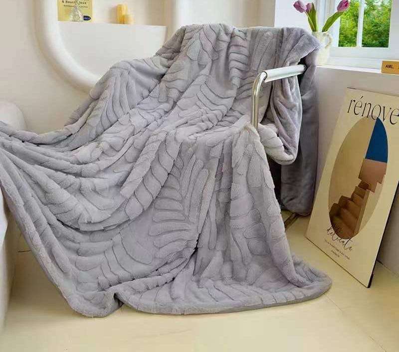 King Leaf Patterned Sherpa Blanket - Light Grey
