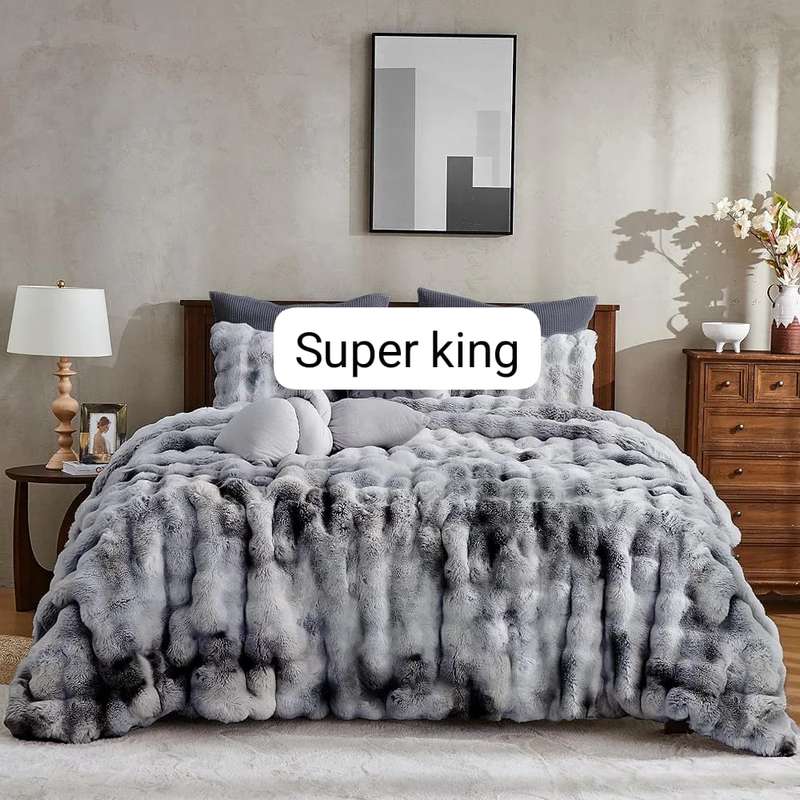 Super King Faux Rabbit Fur Ultra-Soft Tie-Dye Throw Blanket Grey