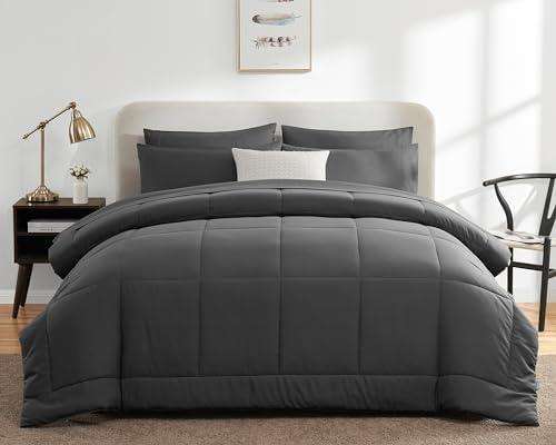 9pc Bedroom Combo Set - 5pc Queen Comforter Set- Fluffy Shaggy Rug - Curtain Set -Grey