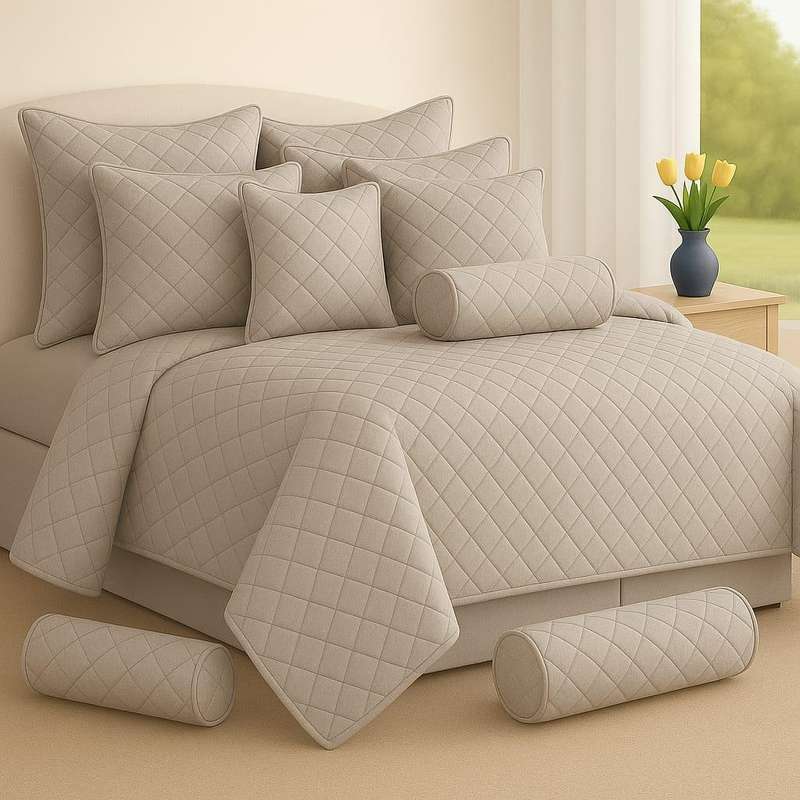 9Pc Thick Bedspread Beige 200x230 approx equivalent to a king Size