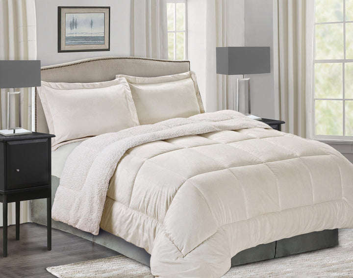 5pc Sherpa Velvet Fleece Comforter Set white Super Queen to King