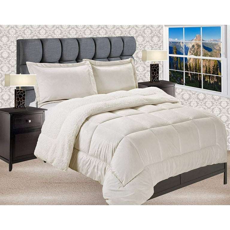 5pc Sherpa Velvet Fleece Comforter Set white Super Queen to King
