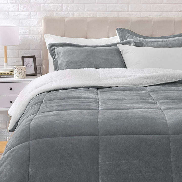 5pc Sherpa Velvet Fleece Comforter Set Grey Queen