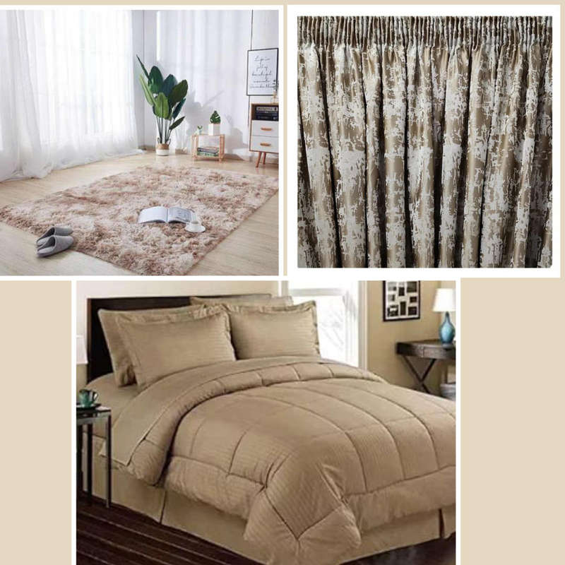 9pc Bedroom Combo Set - 5pc King Comforter Set- Fluffy Shaggy Rug - Curtain Set -Beige