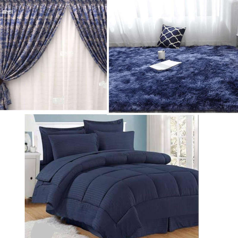 9pc Bedroom Combo Set - 5pc Queen Comforter Set- Fluffy Shaggy Rug - Curtain Set -Blue